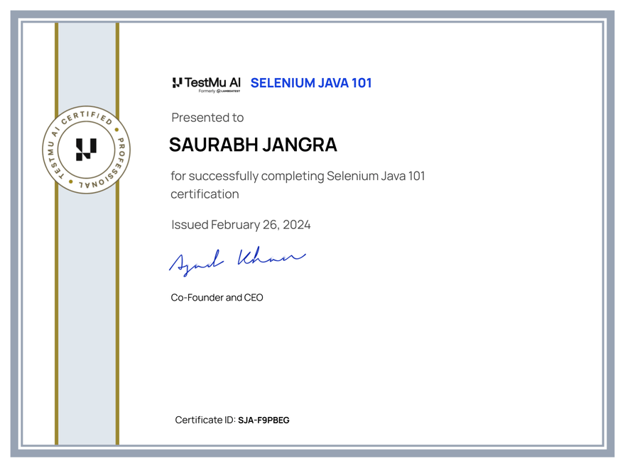 Saurabh Jangra's Automation Certificate: Selenium Java 101