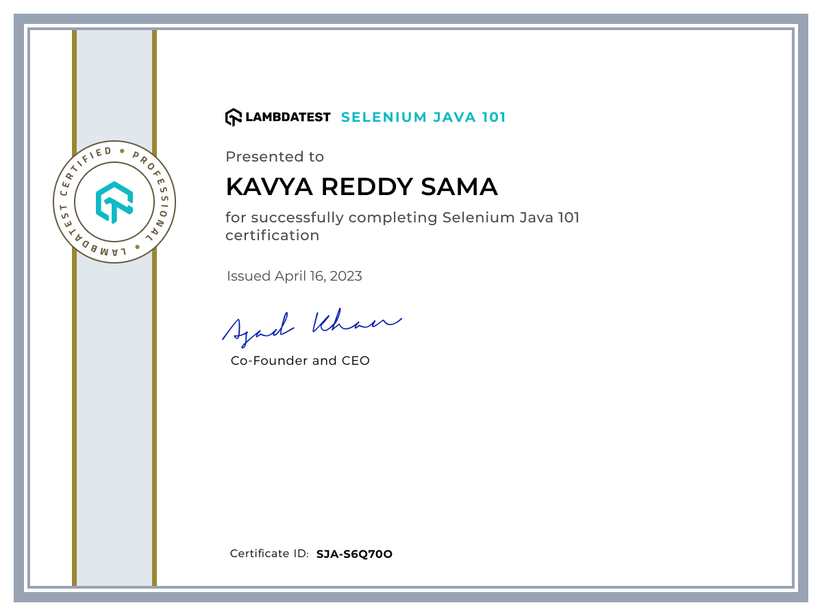 Kavya Reddy Sama's Automation Certificate: Selenium Java 101
