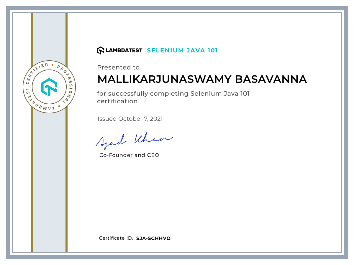 Mallikarjunaswamy Basavanna's Automation Certificate: Selenium Java 101