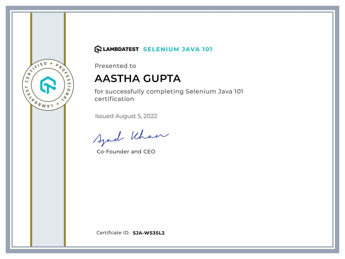 Aastha Gupta's Automation Certificate: Selenium Java 101