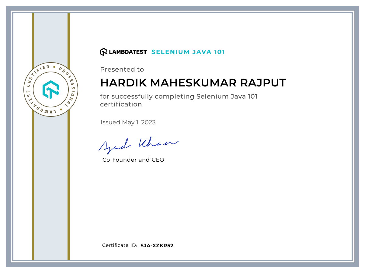 Hardik Maheskumar Rajput's Automation Certificate: Selenium Java 101