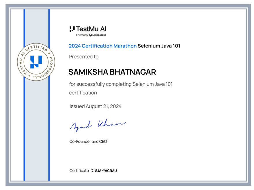 Samiksha Bhatnagar's Automation Certificate: Selenium Java 101