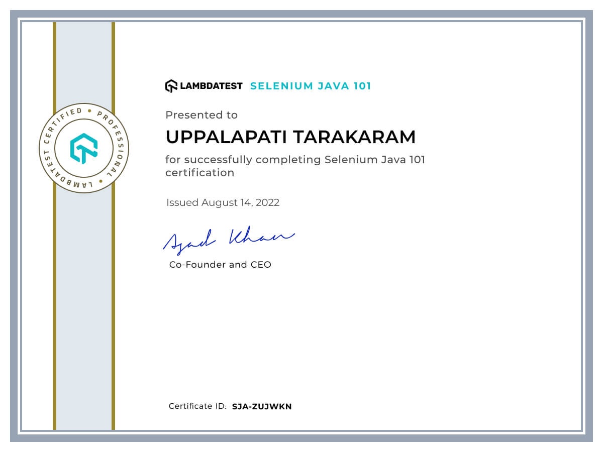 Uppalapati Tarakaram's Automation Certificate: Selenium Java 101