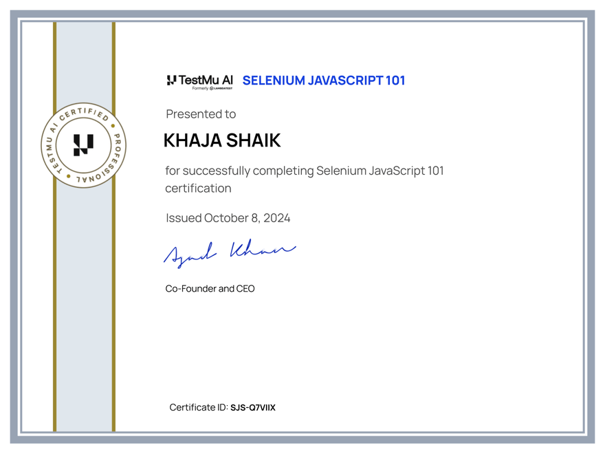 Khaja Shaik's Automation Certificate: Selenium JavaScript 101