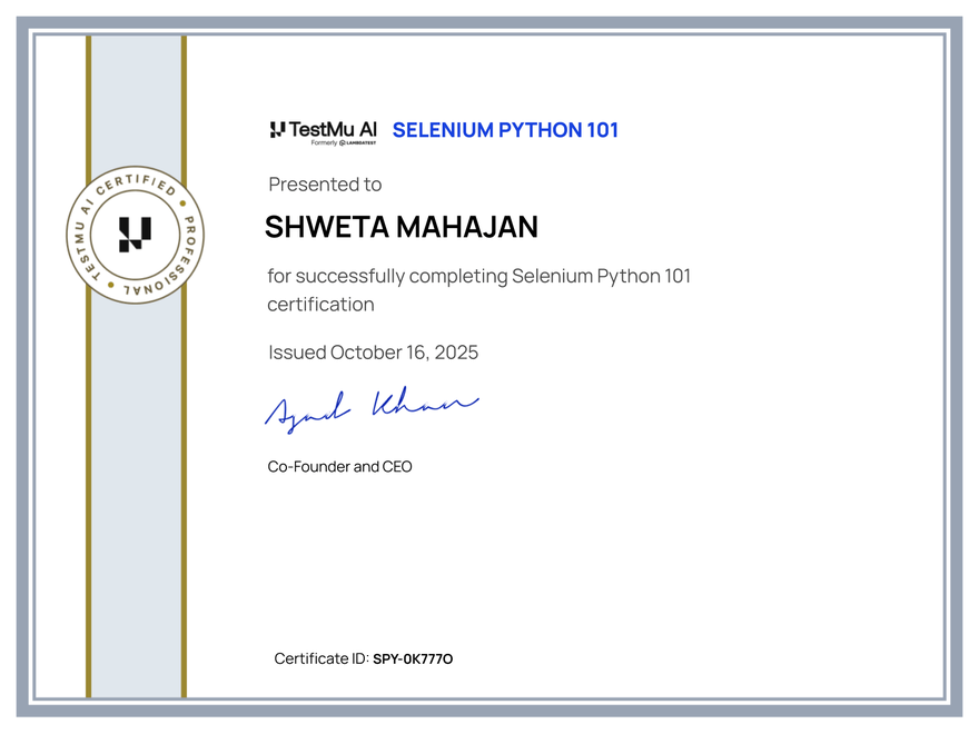 Shweta Mahajan's Automation Certificate: Selenium Python 101