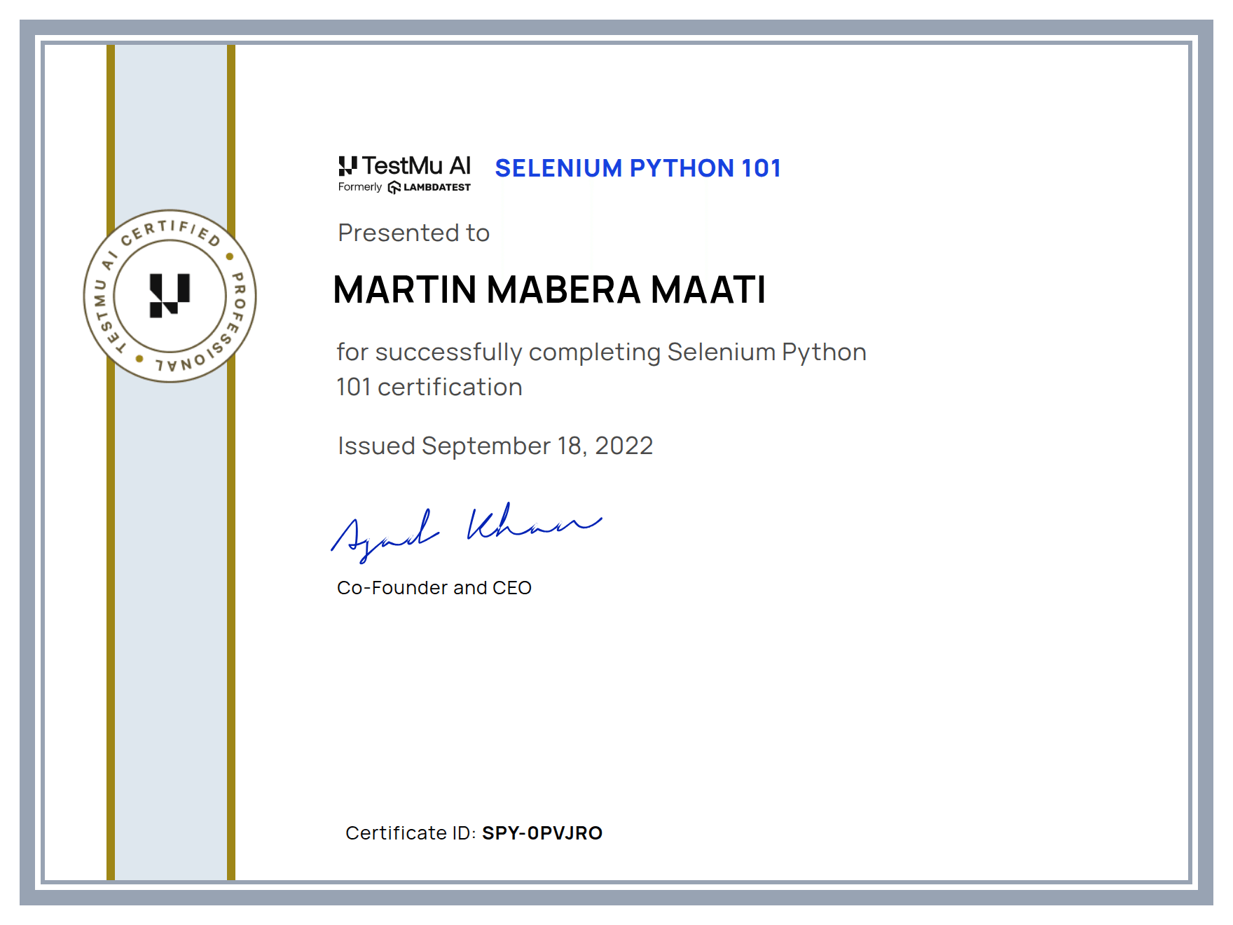 Martin Mabera Maati's Automation Certificate: Selenium Python 101