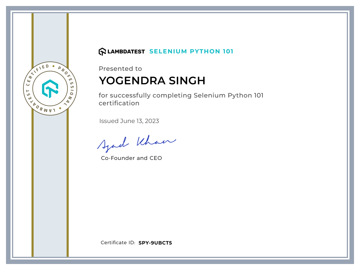 Yogendra Singh's Automation Certificate: Selenium Python 101