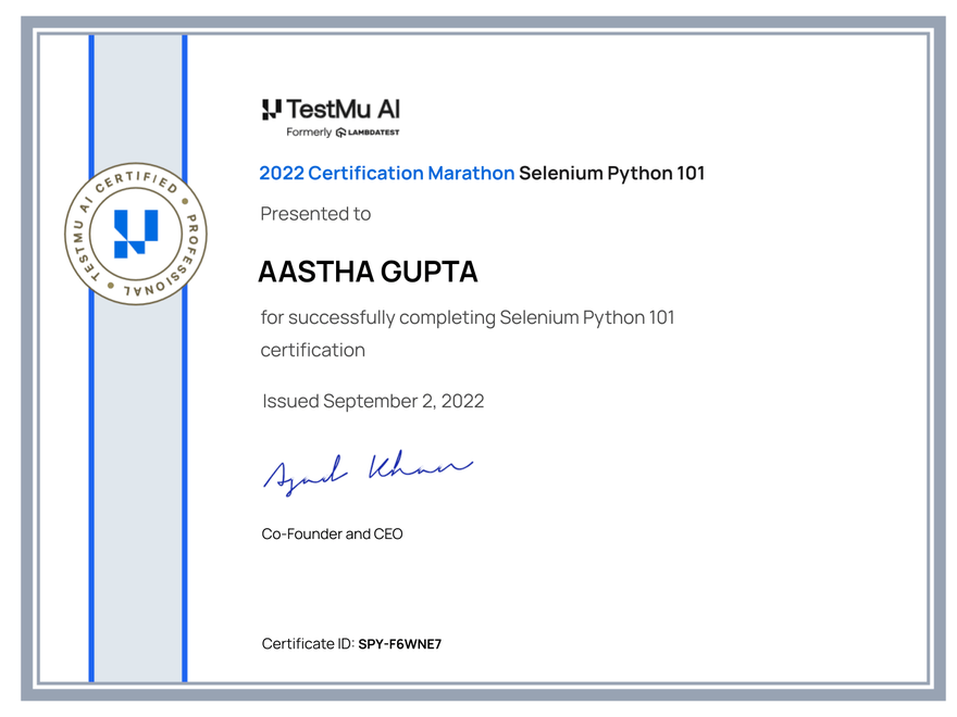 Aastha Gupta's Automation Certificate: Selenium Python 101