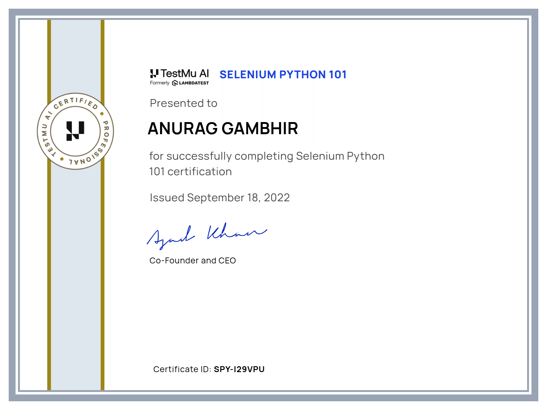 Anurag Gambhir's Automation Certificate: Selenium Python 101