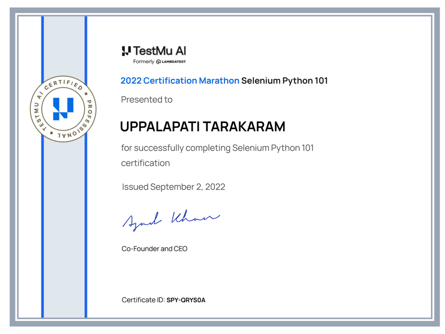 Uppalapati Tarakaram's Automation Certificate: Selenium Python 101