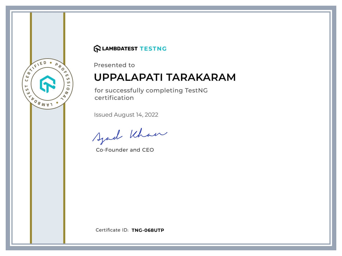 Uppalapati Tarakaram's Automation Certificate: TestNG