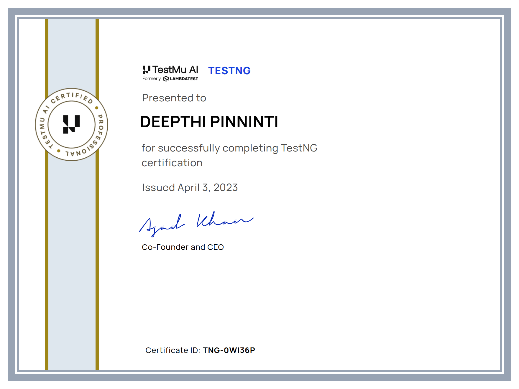 Deepthi Pinninti's Automation Certificate: TestNG