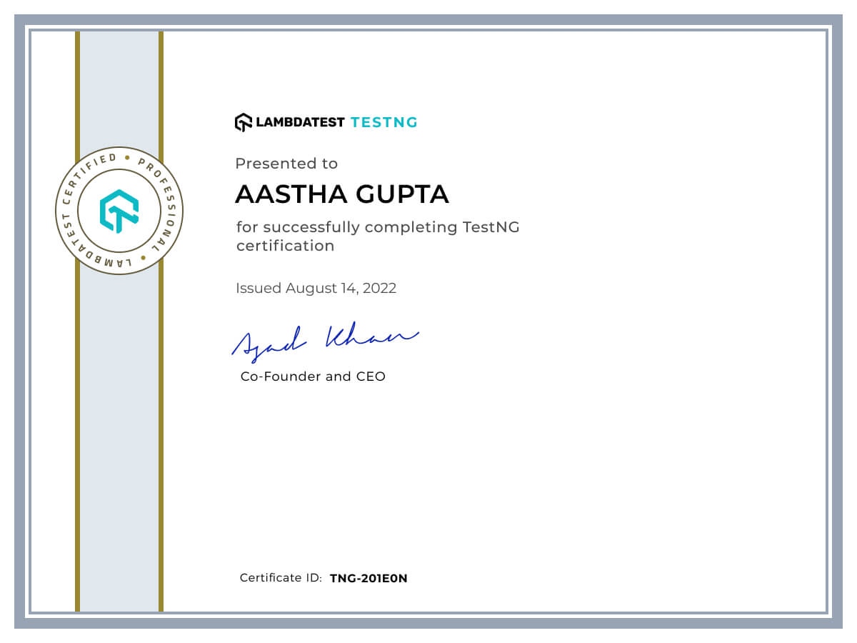 Aastha Gupta's Automation Certificate: TestNG