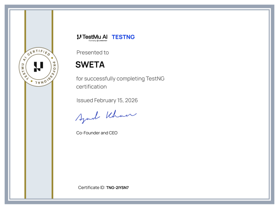 Sweta's Automation Certificate: TestNG