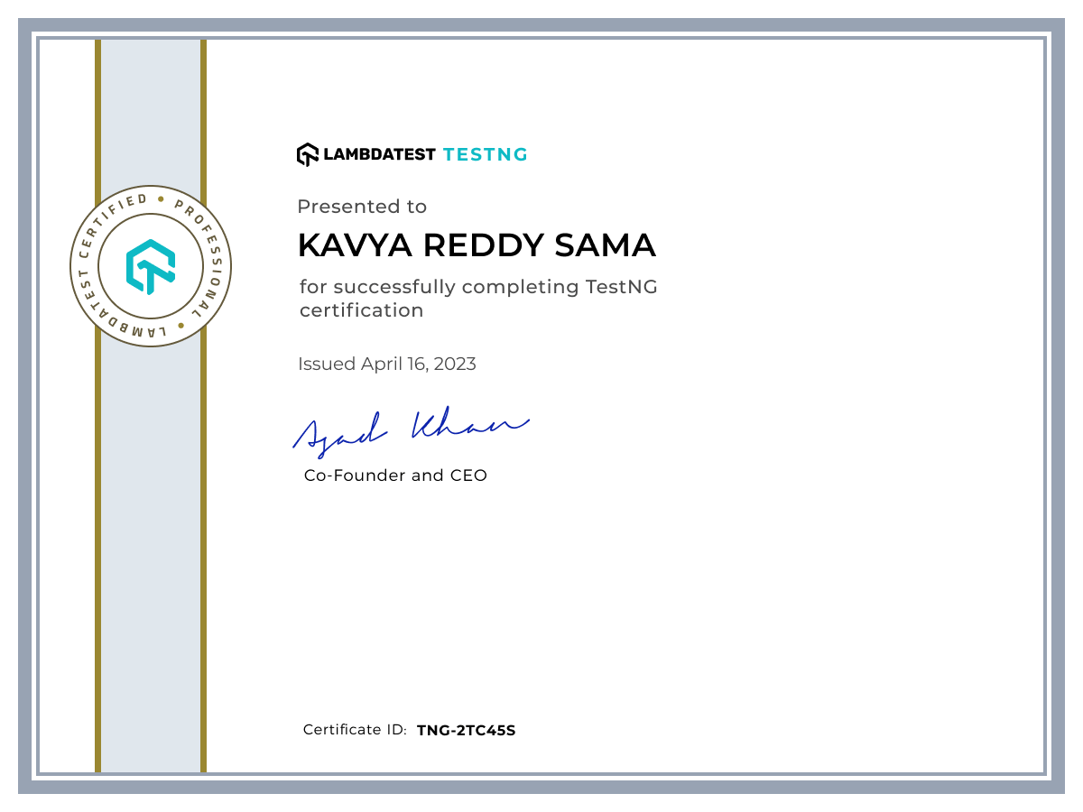 Kavya Reddy Sama's Automation Certificate: TestNG