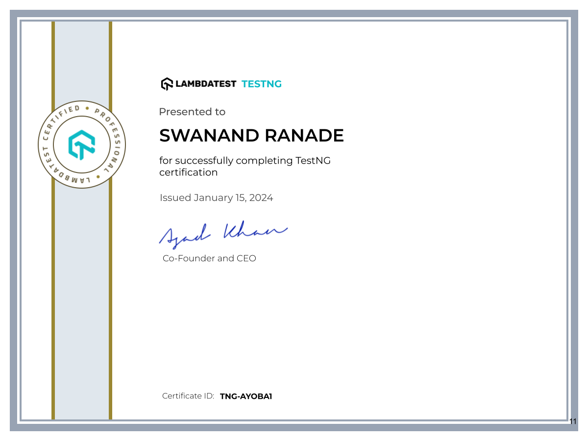 Swanand Ranade's Automation Certificate: TestNG
