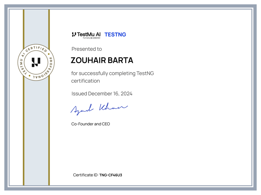 Zouhair Barta's Automation Certificate: TestNG