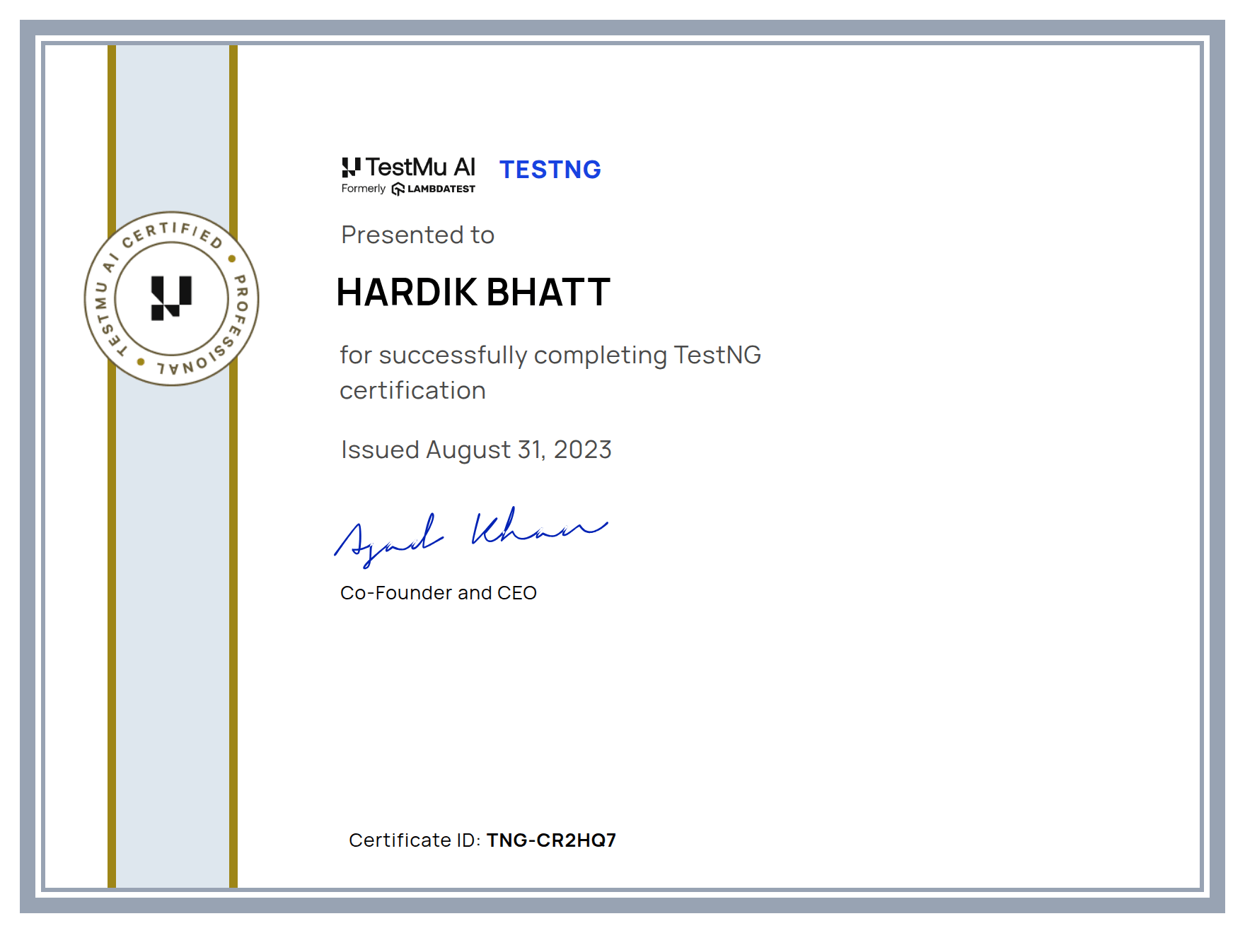 Hardik Bhatt's Automation Certificate: TestNG