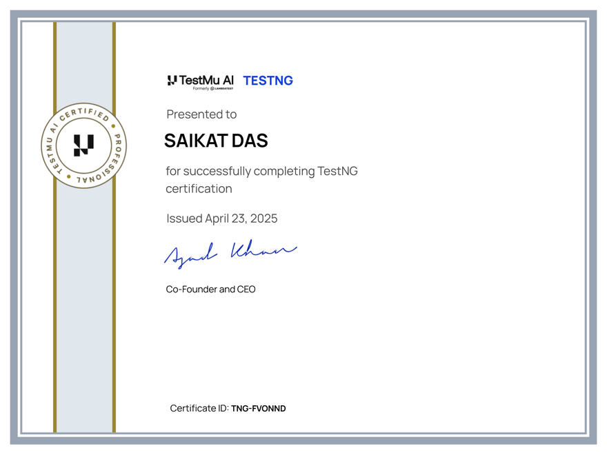 Saikat Das's Automation Certificate: TestNG