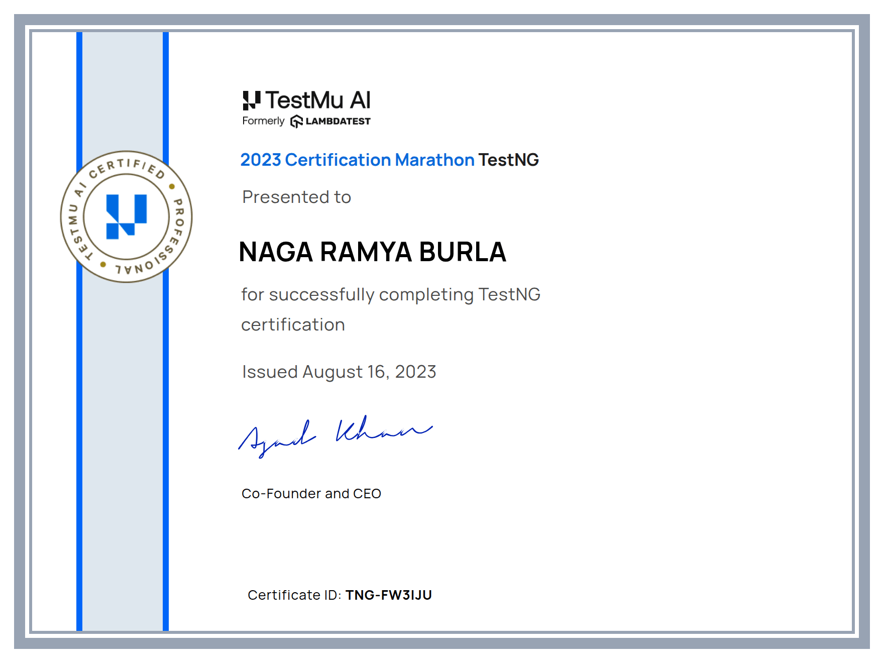 Naga Ramya Burla's Automation Certificate: TestNG