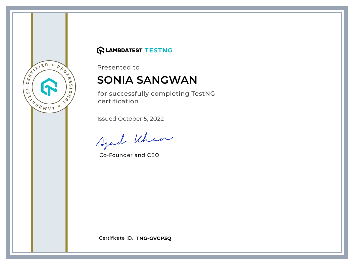 Sonia Sangwan's Automation Certificate: TestNG