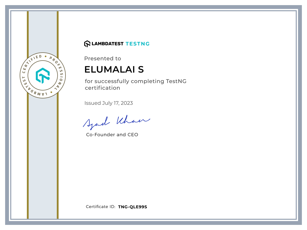 Elumalai S's Automation Certificate: TestNG