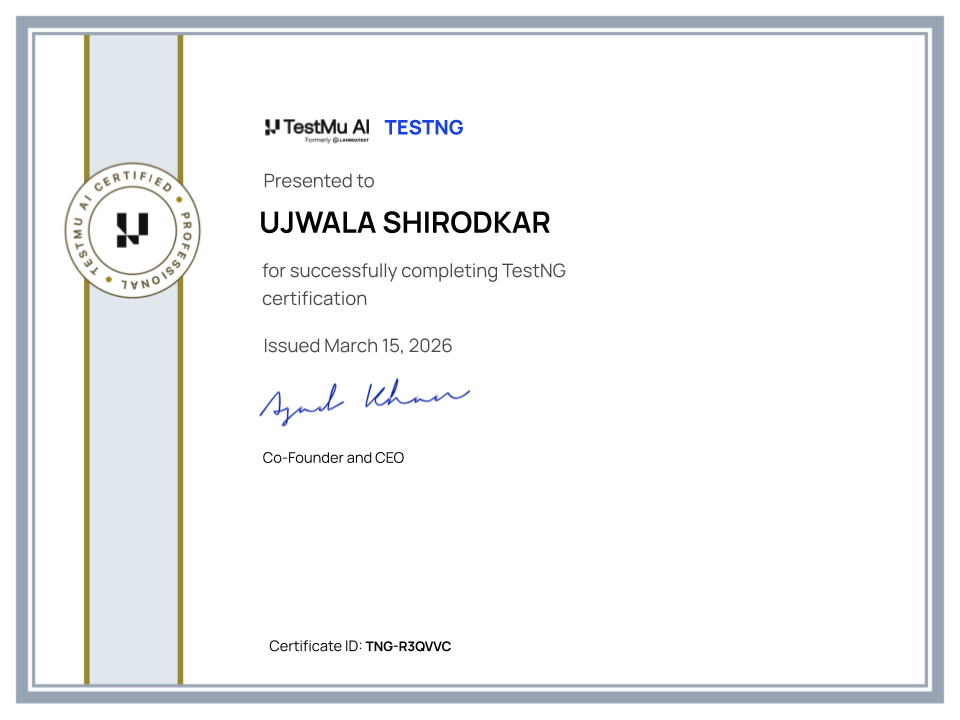 Ujwala Shirodkar's Automation Certificate: TestNG