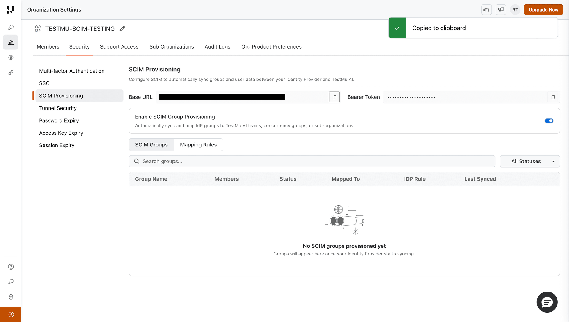 Copy SCIM Base URL and Bearer Token from LambdaTest