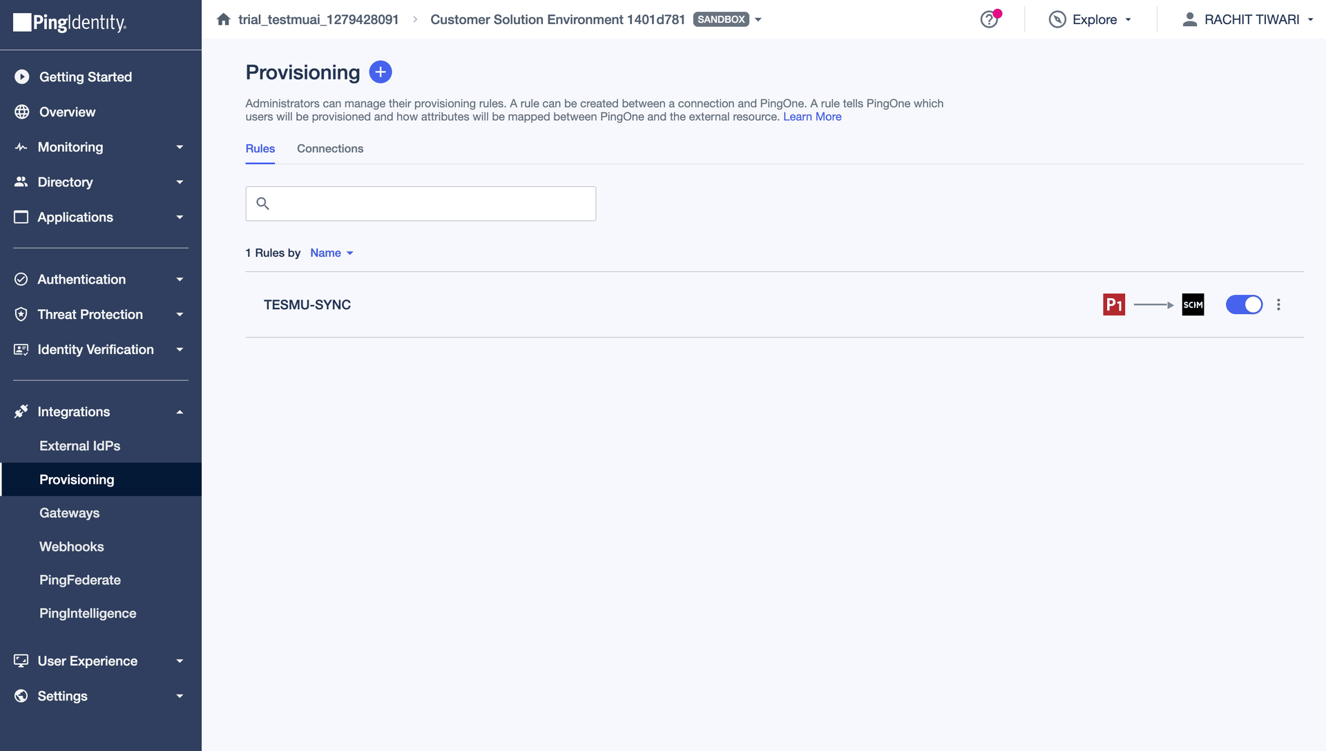 Provisioning rule enabled in PingOne