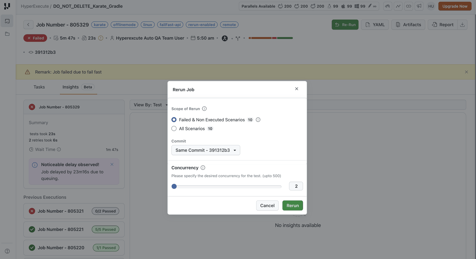 Rerun Job dialog showing Scope of Rerun with Failed and Non Executed Scenarios and All Scenarios counts, the commit dropdown and the concurrency slider