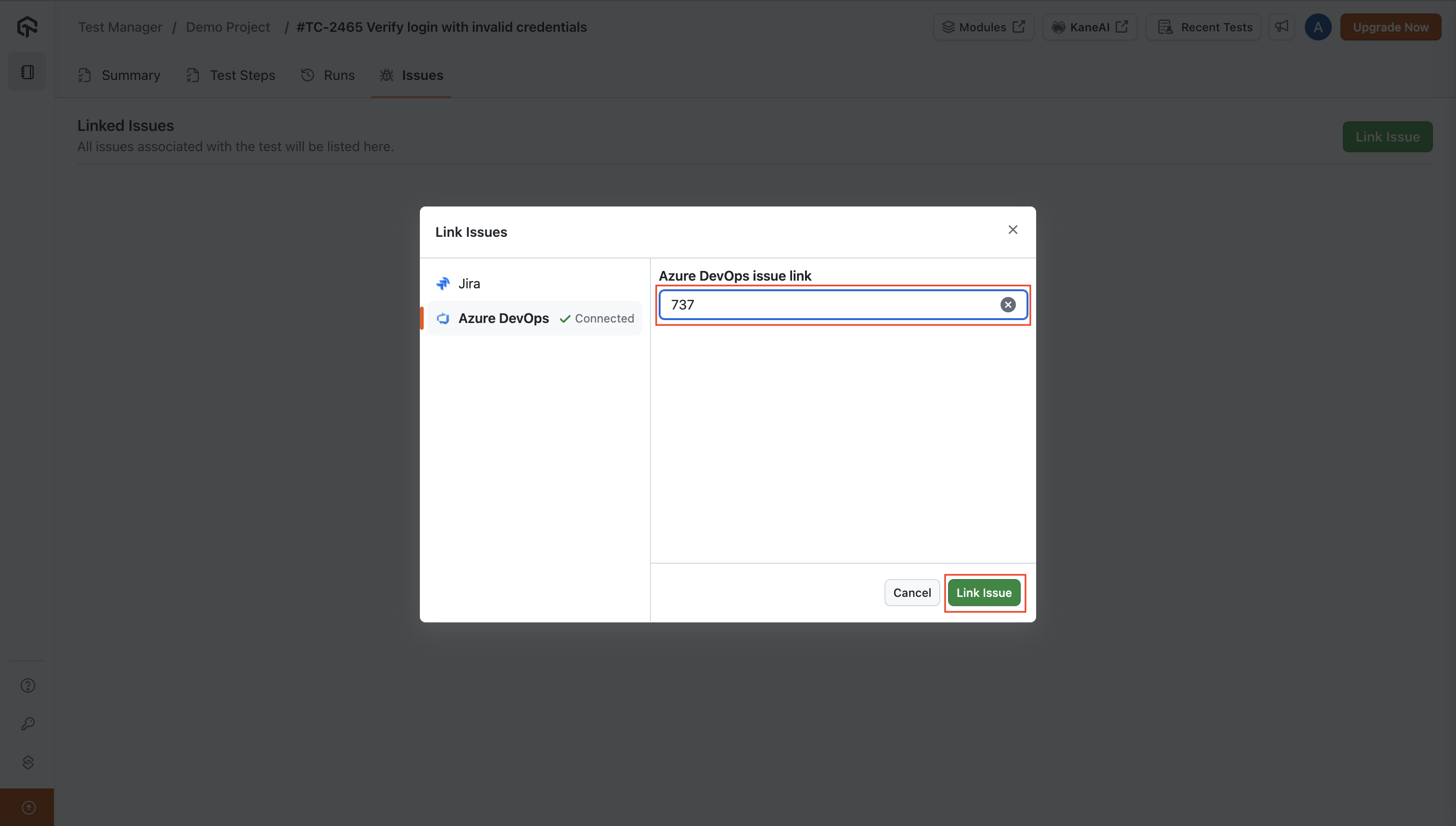 Link Azure DevOps Issue