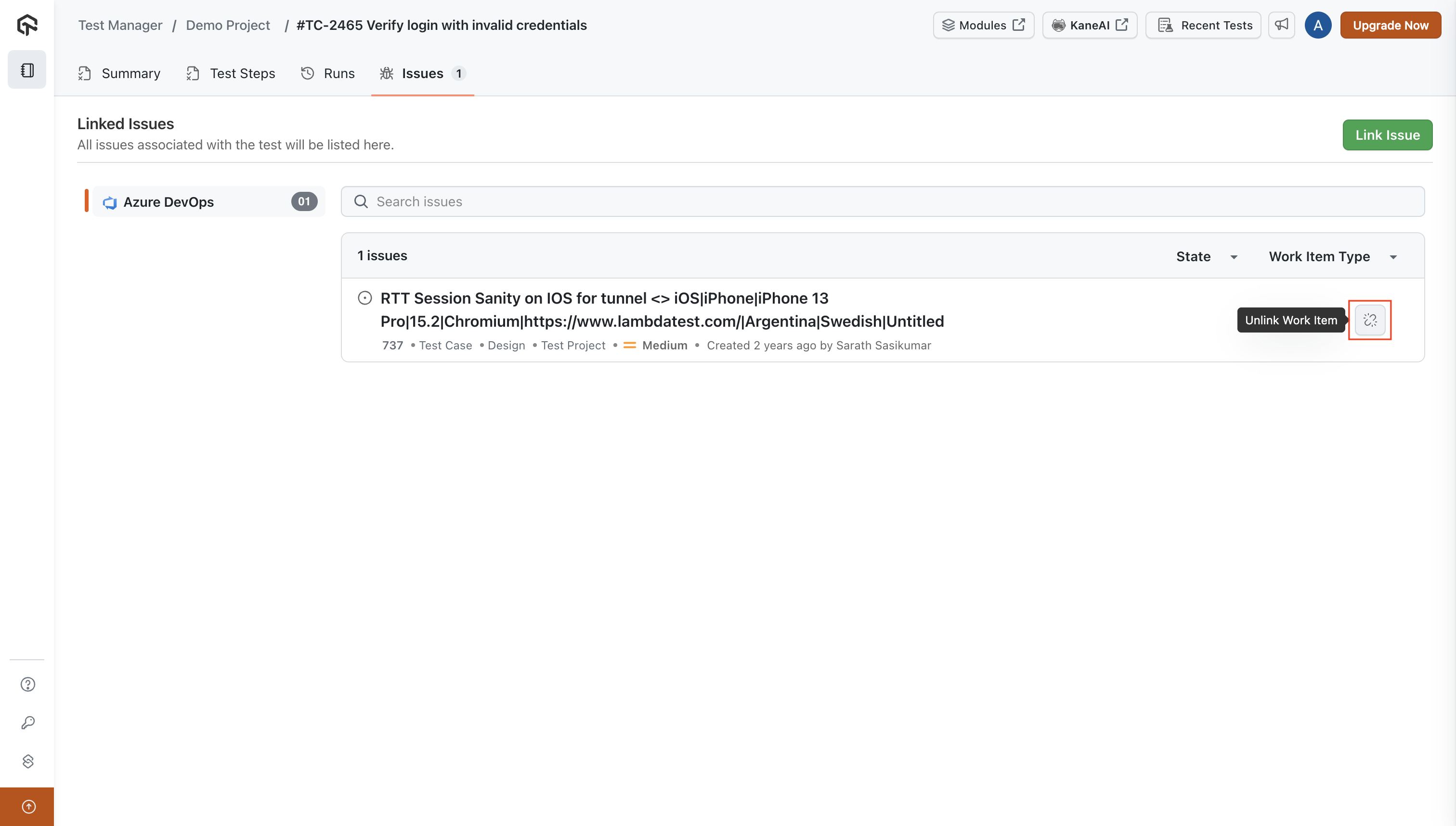 Link Azure DevOps Issue