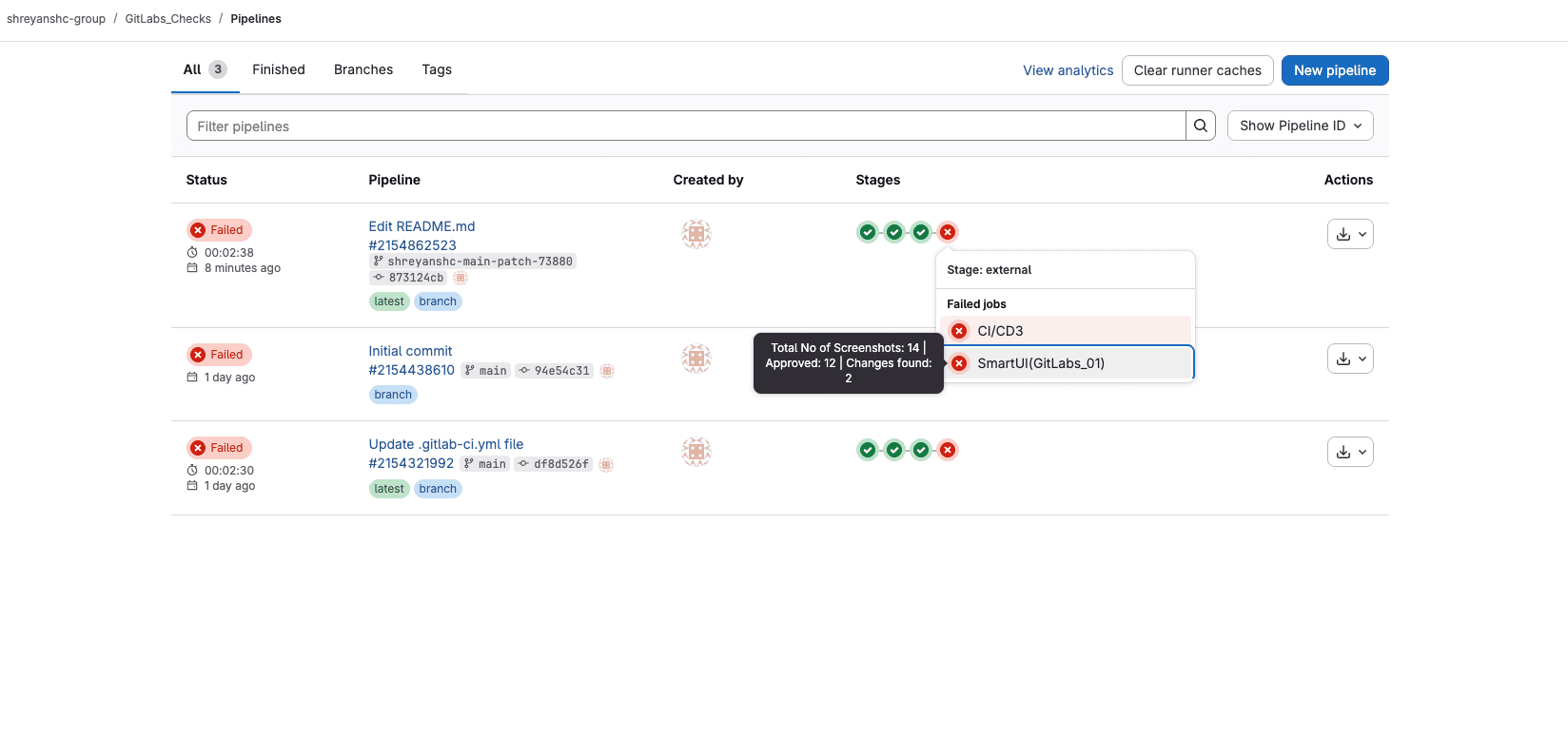 GitLab merge request showing SmartUI PR check status