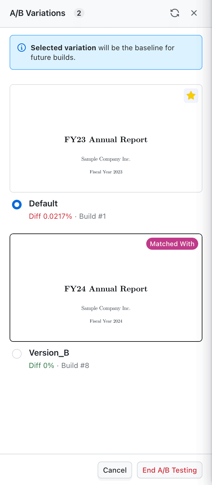 End A/B testing flow to choose one variation as the winning baseline