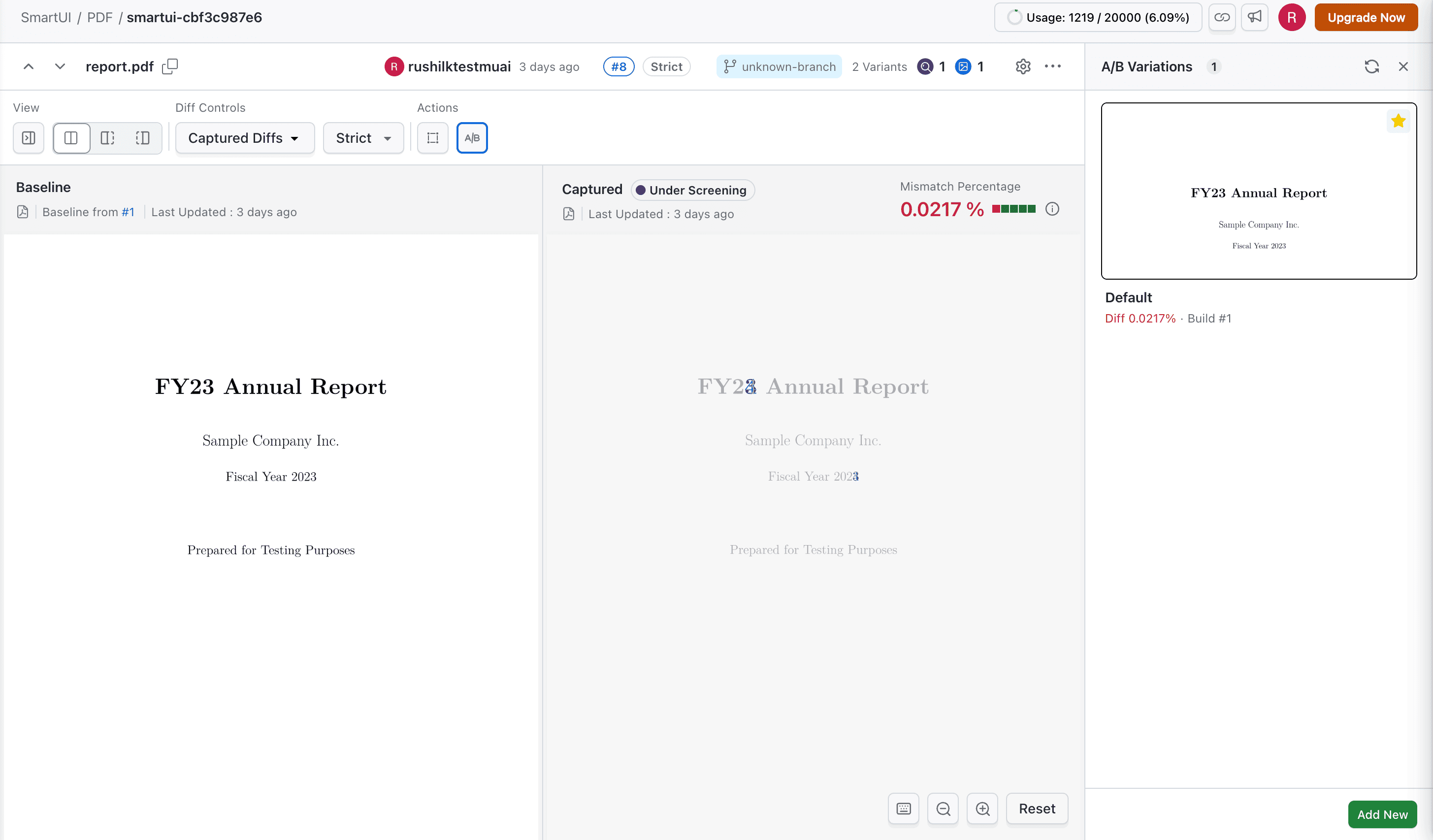 A/B testing active with multiple variations listed in the right-hand panel for the screenshot