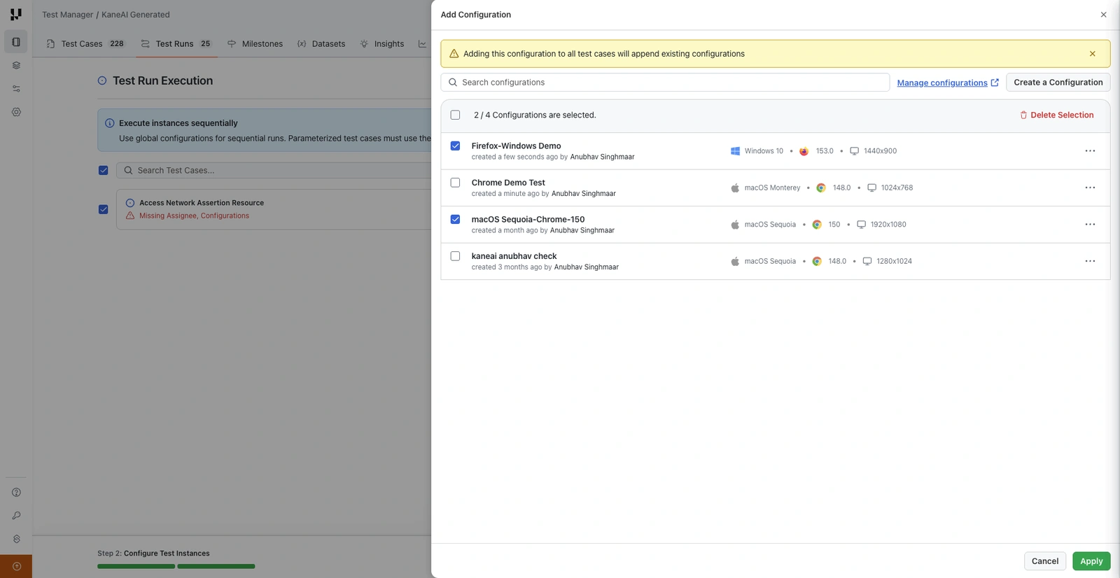 Add Configuration panel listing saved desktop configurations with operating system, browser, and resolution