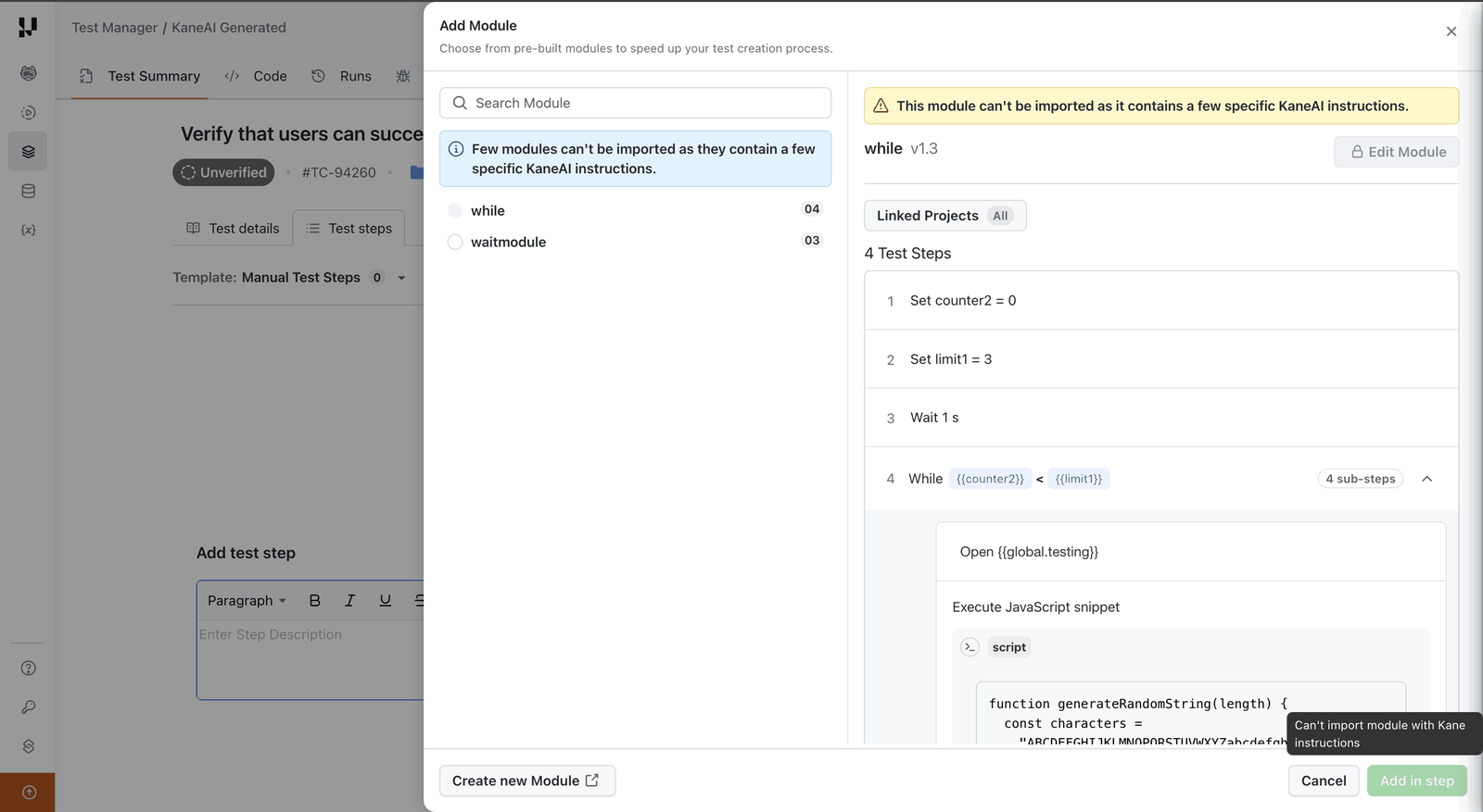 The Add Module dialog with a module that cannot be imported into a manual test case