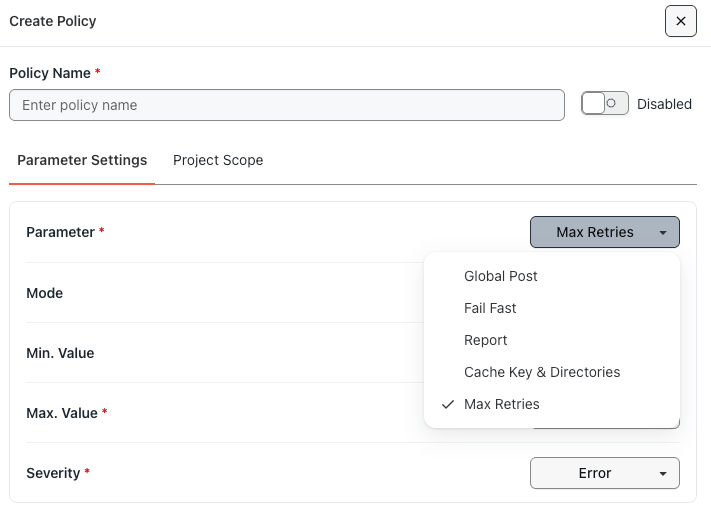 Add Policy drawer showing the Parameter Settings step with policy name, enabled toggle, parameter dropdown and read-only mode