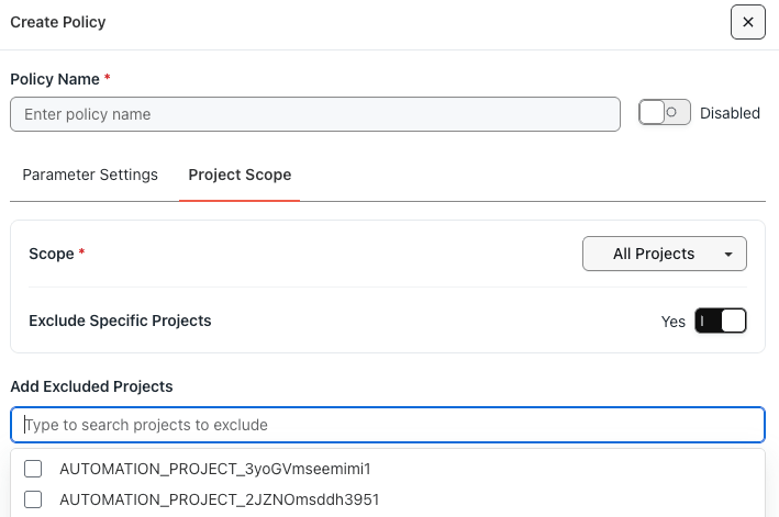 Project Scope step of the Add Policy drawer with All Projects selected and the Exclude Specific Projects option enabled