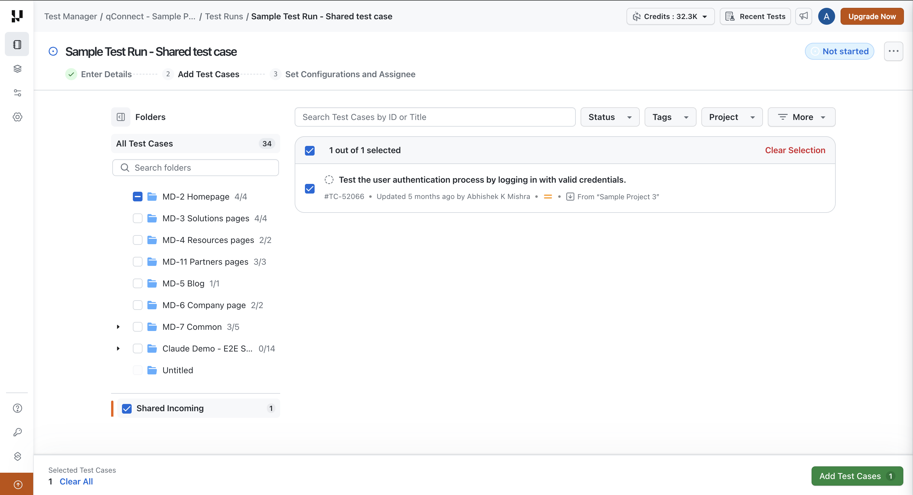 Selecting shared test cases when adding test cases to a test run