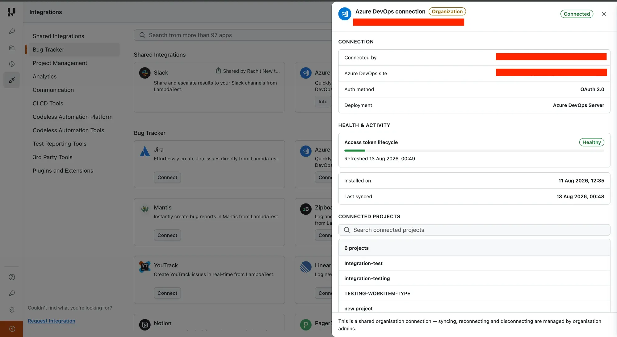 Organization (shared) Azure DevOps connection details