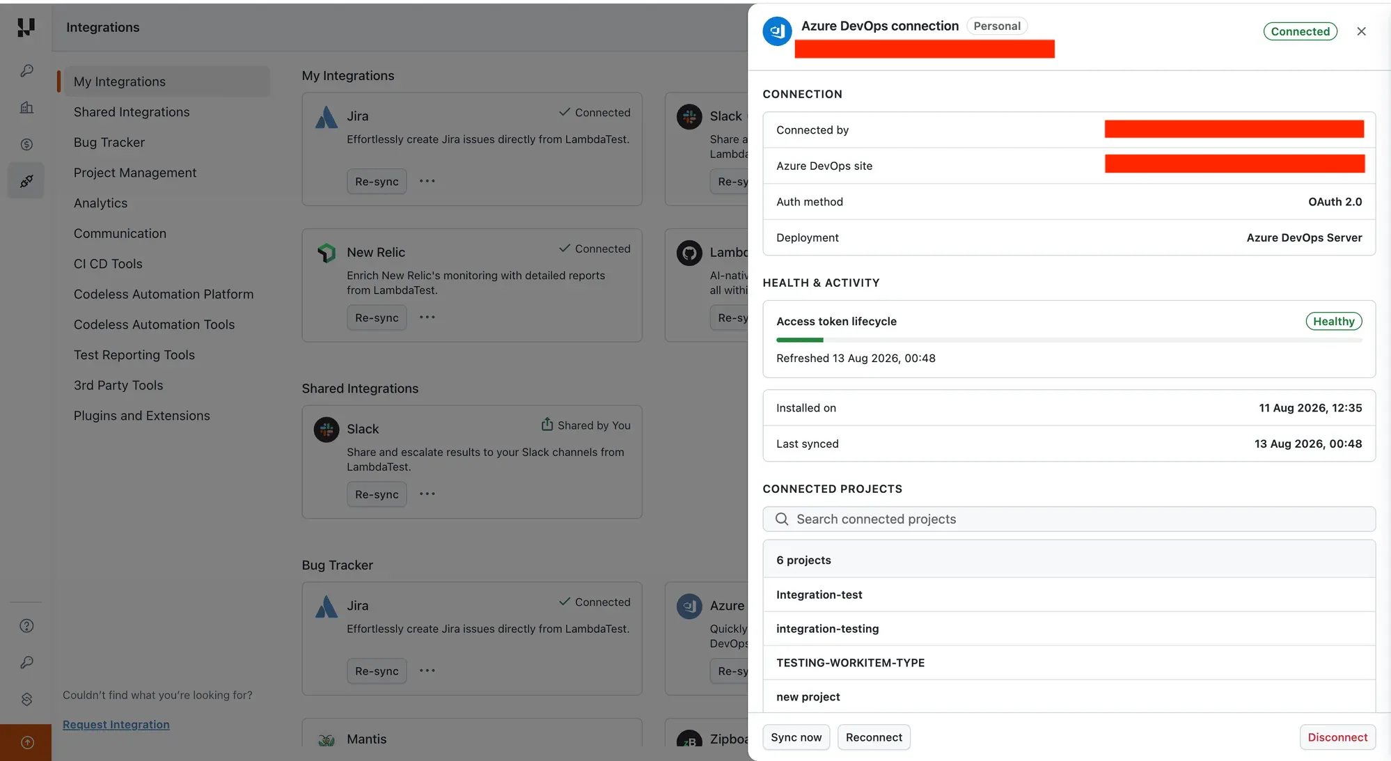 Personal Azure DevOps connection details