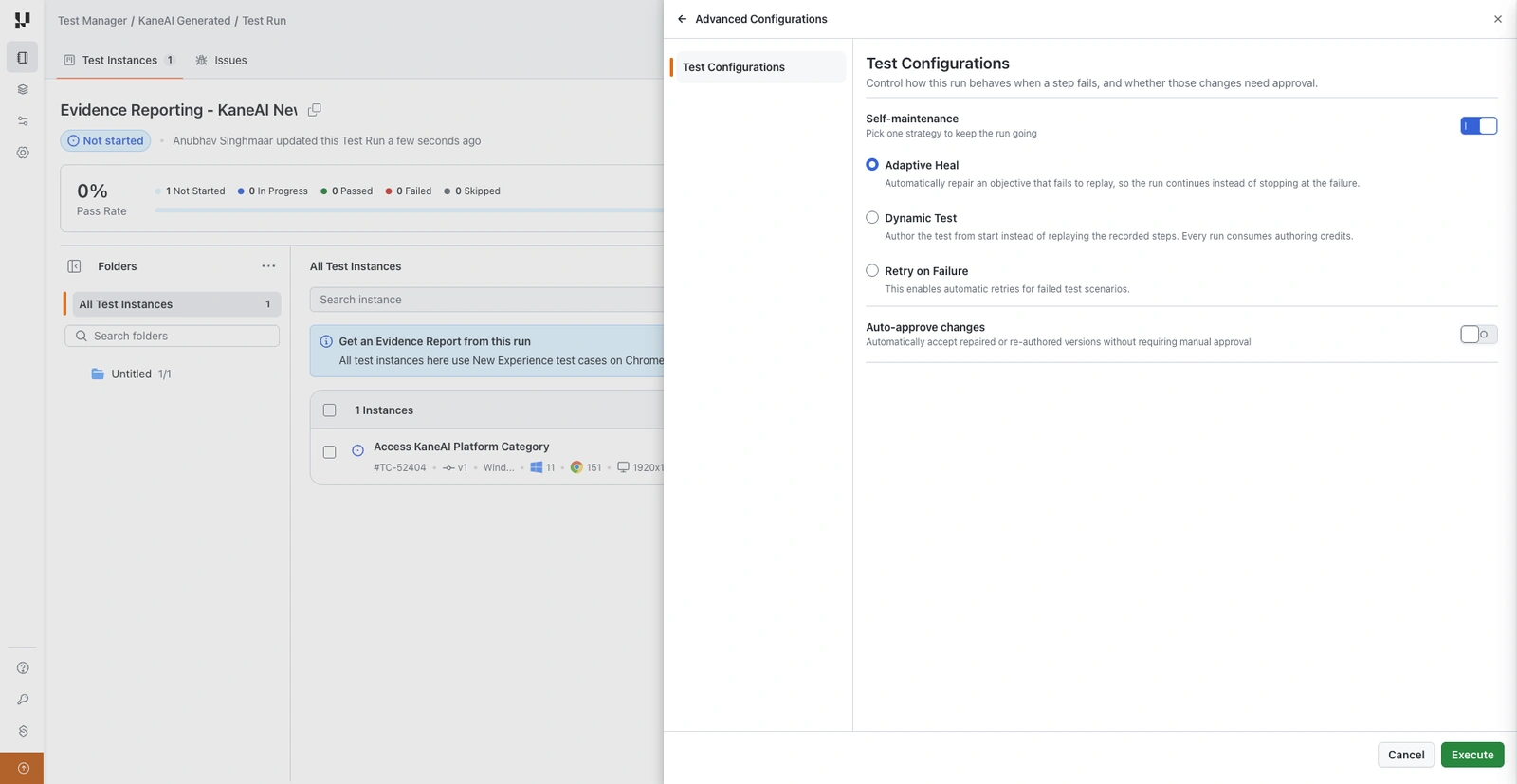 Advanced Configurations panel for an Evidence Reporting run, showing Test Configurations with Self-maintenance on, Adaptive Heal selected, and Auto-approve changes off