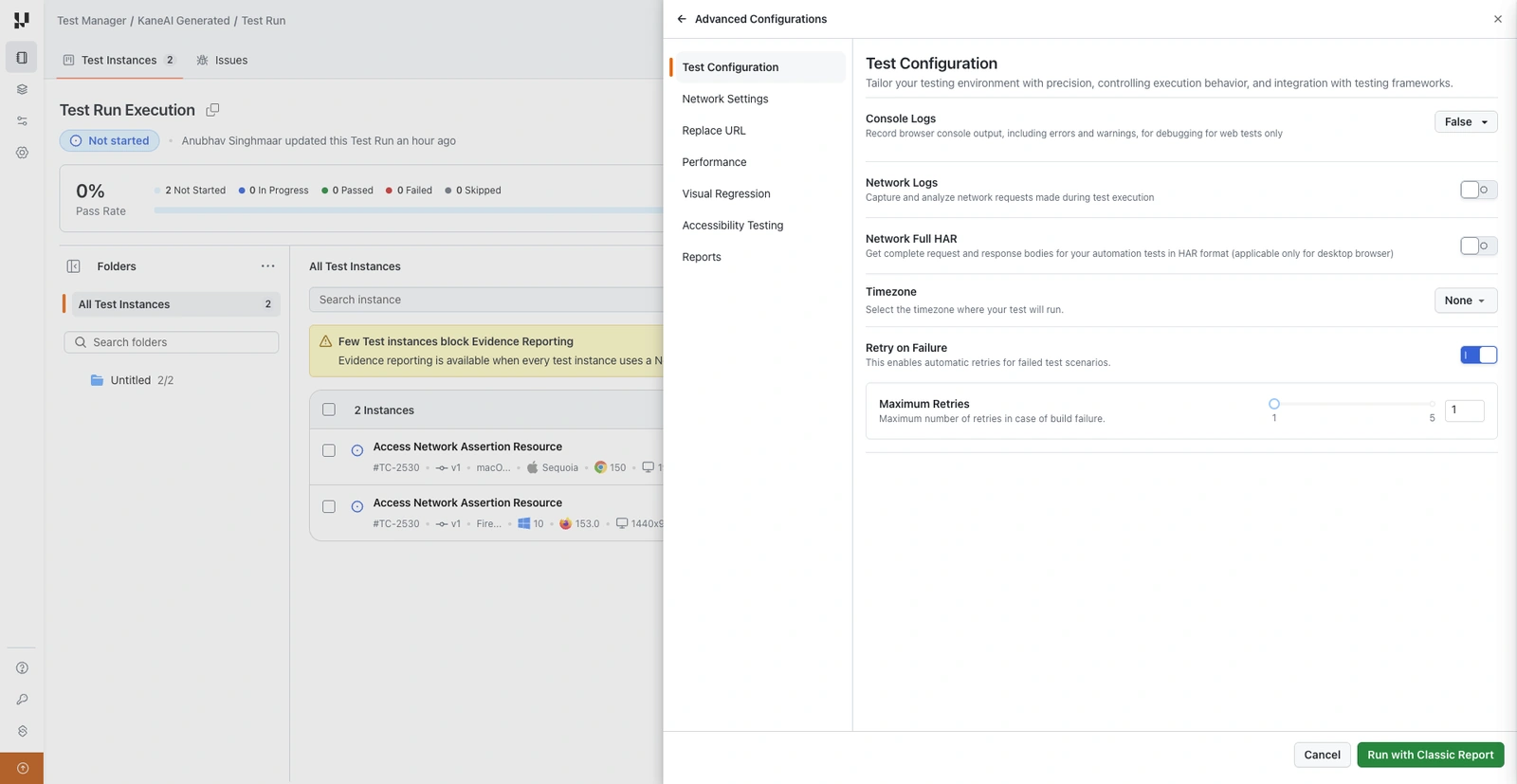 Advanced Configurations panel open on Test Configuration, showing console logs, network logs, timezone, and retry on failure