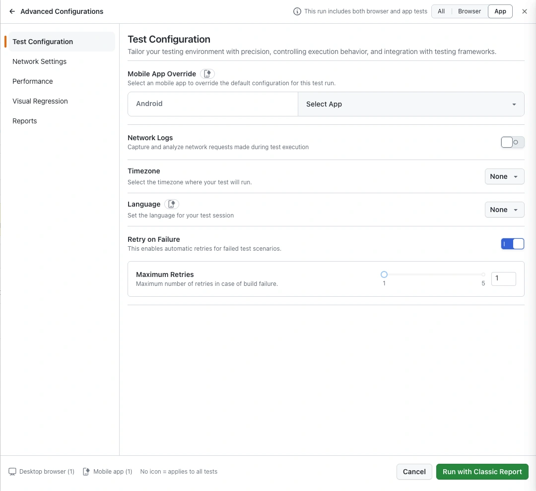 App filter selected: Test Configuration shows Mobile App Override, Network Logs, Timezone, Language and Retry on Failure, and the Replace URL and Accessibility Testing tabs are hidden