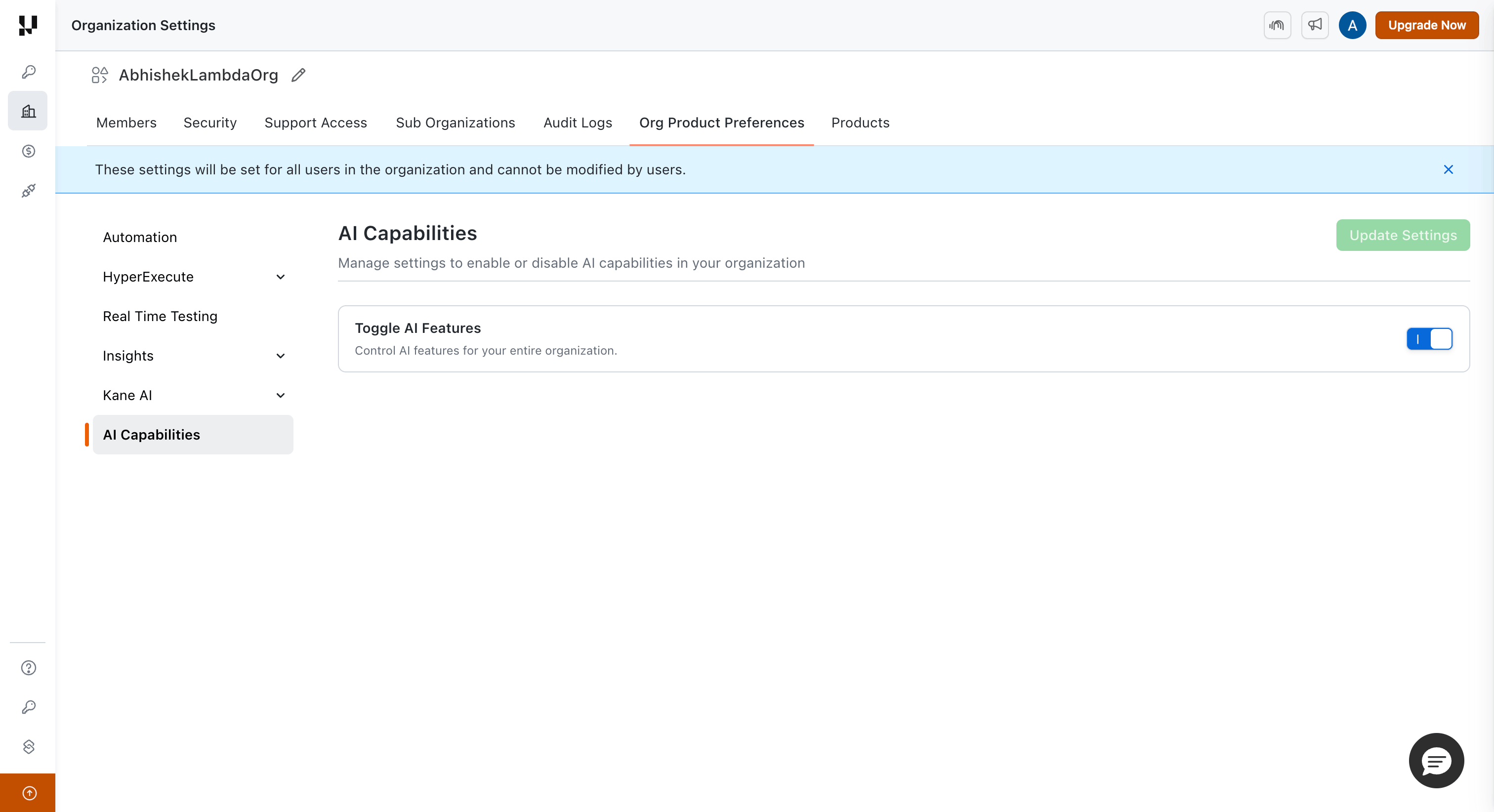 AI Capabilities Settings Page