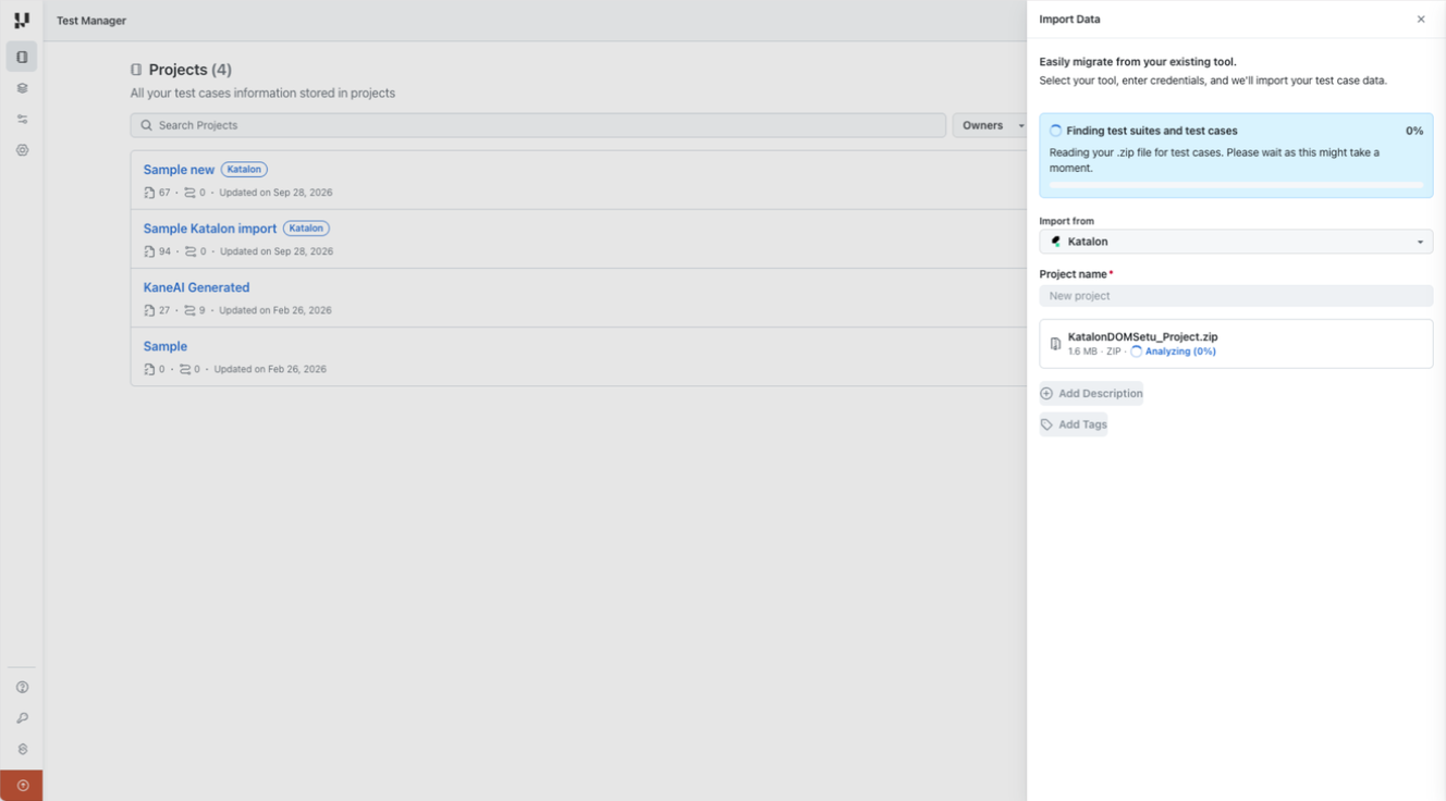 Analysis progress while Test Manager reads the Katalon project archive