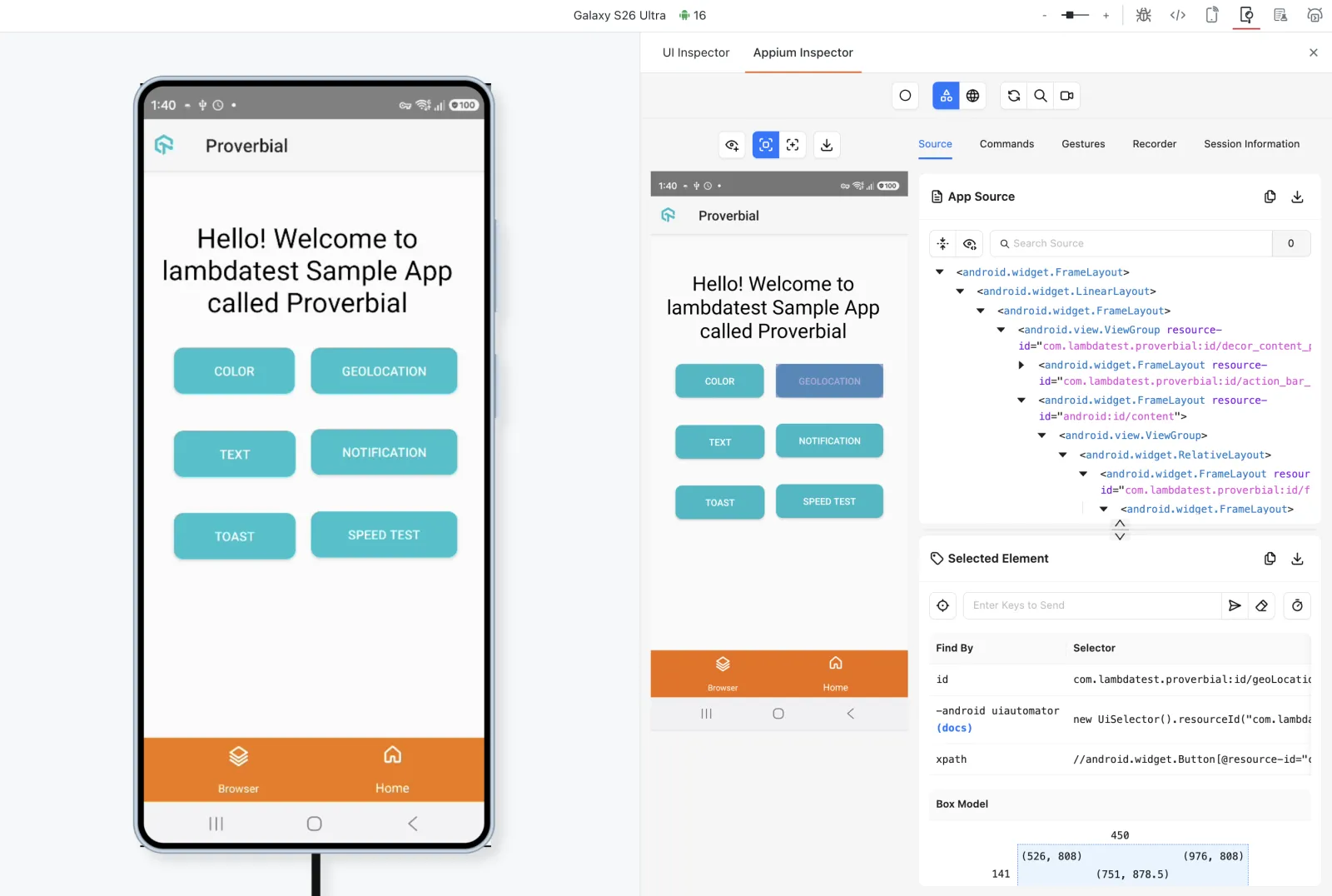 Appium Inspector showing the app screenshot, App Source tree, and Selected Element locators for a button