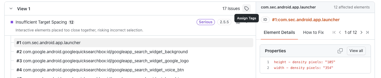 Assign tags icon in the accessibility issue view