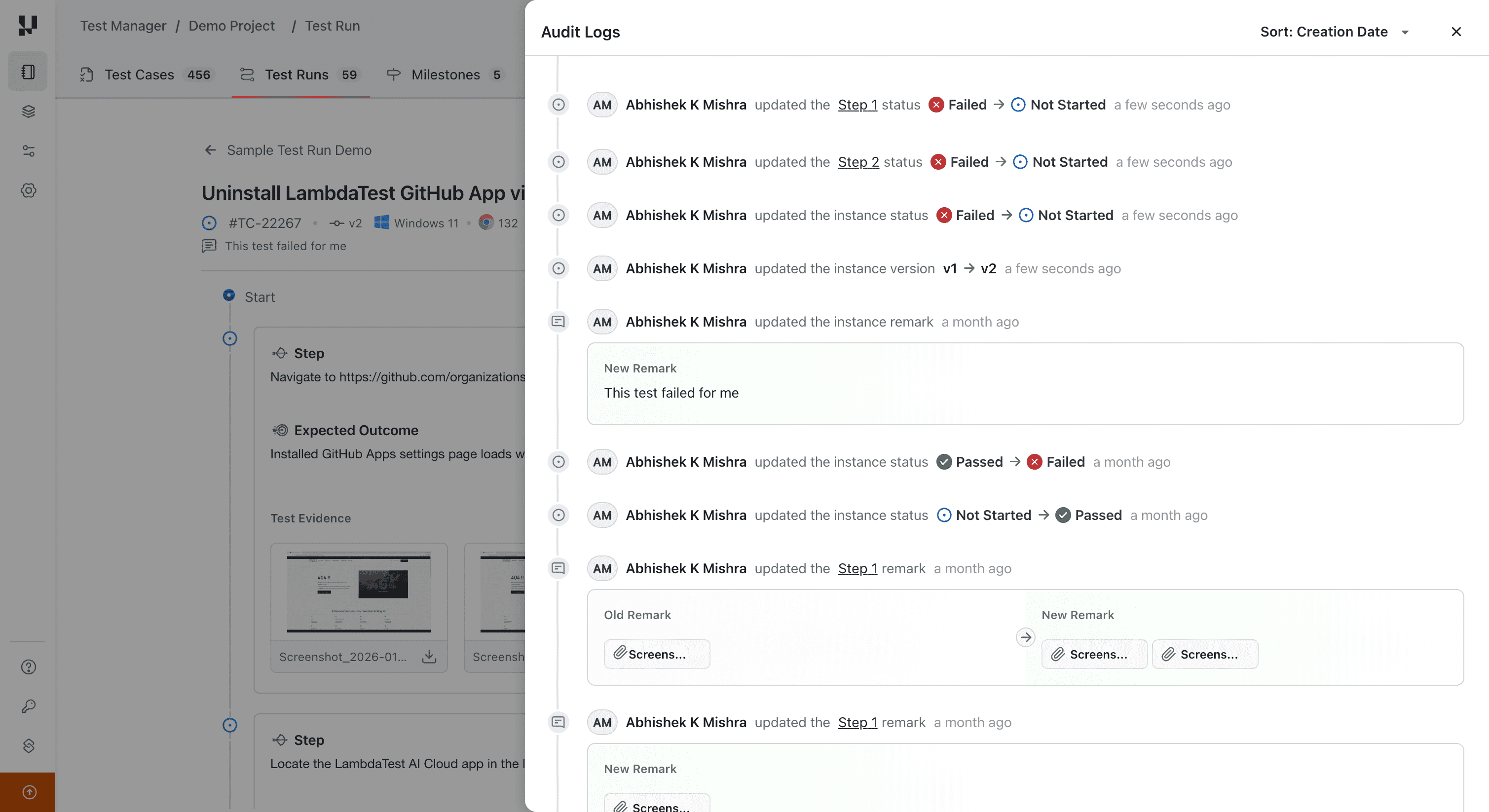 Audit logs showing version sync and status reset events